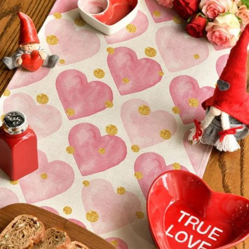 Valentines Day Table Runner Pink Heart Dining Cloth Cottage Wedding Party Decor